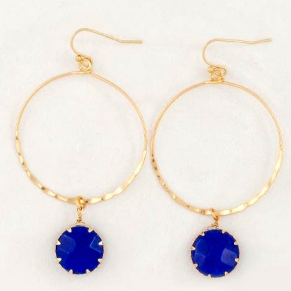 New in Box J Bloom Lapis Lazuli Hammered Metal Hoop Earrings